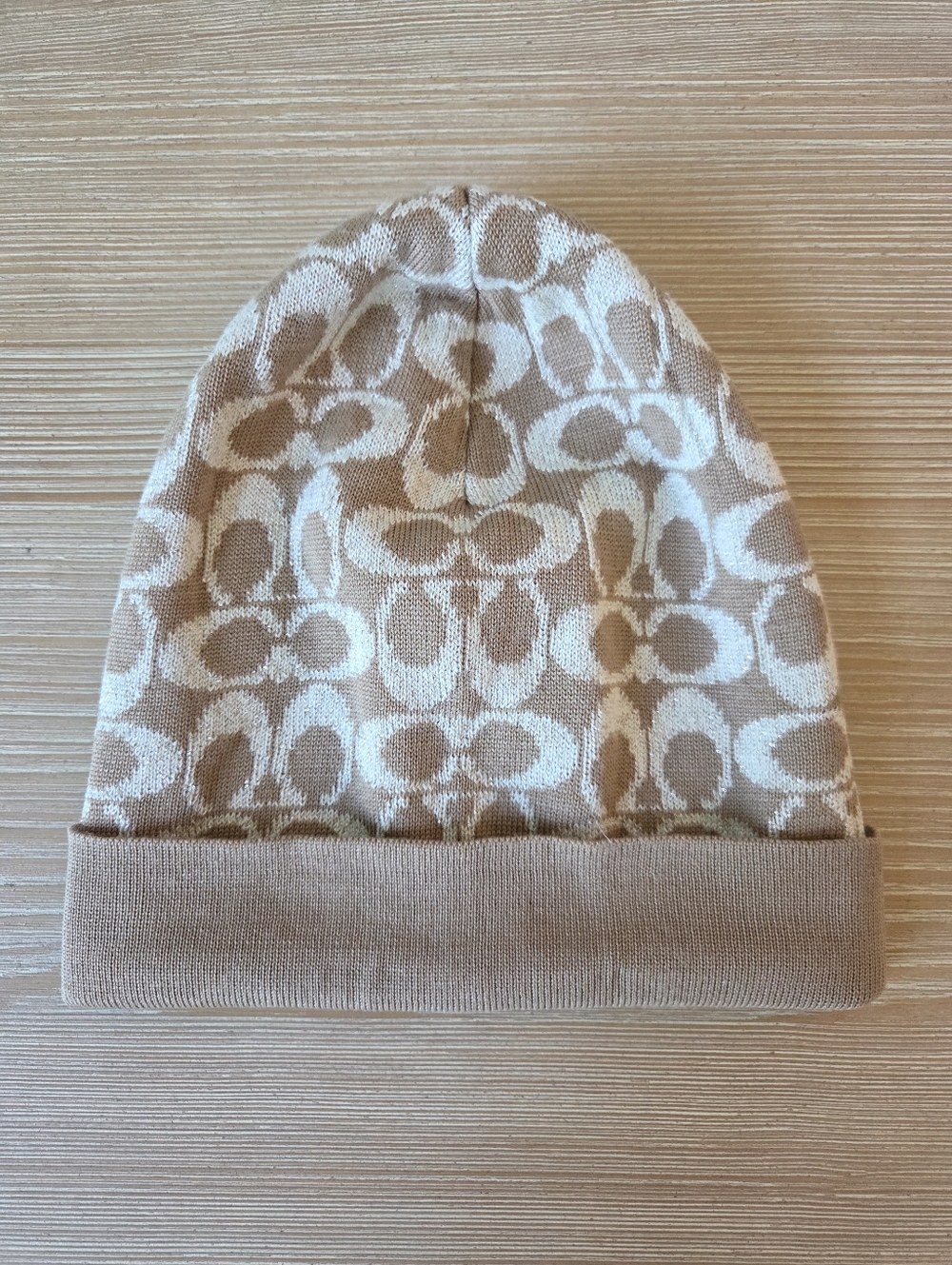 Coach Signature Logo Knit Beanie Hat Tan Cream Womens One Size